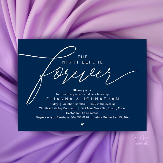 Convites Jantar de Rehearsal de Casamento, Script Moderno e (The Night Before Forever, Wedding Rehearsal Dinner, Modern Elegant Invites Card in Navy Blue)