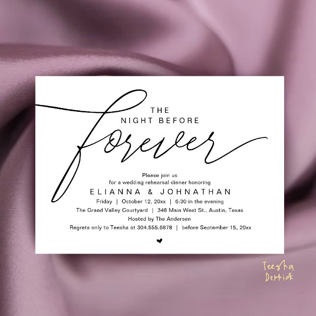 Convites Jantar de Rehearsal de Casamento, Script Moderno e (The Night Before Forever, Wedding Rehearsal Dinner, Modern Elegant Invites Card in Black and White)