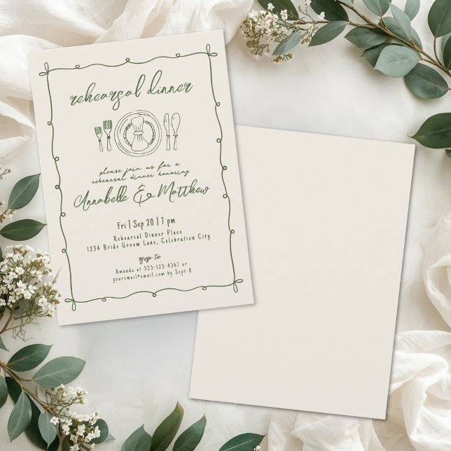 Convites Jantar de Rehearsal de Casamento Verde Desenhado à (Hand Drawn Green Wedding Rehearsal Dinner Invitation)