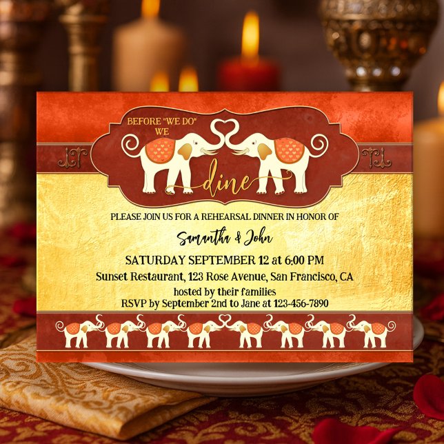 Convites Jantar de Rehearsal de Elefantes Indianos Boêmios (Rehearsal dinner invitation featuring a pair of ivory elephants in an Indian terra cotta colors)