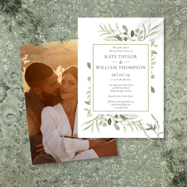 Convites Jantar de Rehearsal de Foto de Verde Folhagem em A (Modern Watercolor Greenery Photo Rehearsal Dinner Invitation)