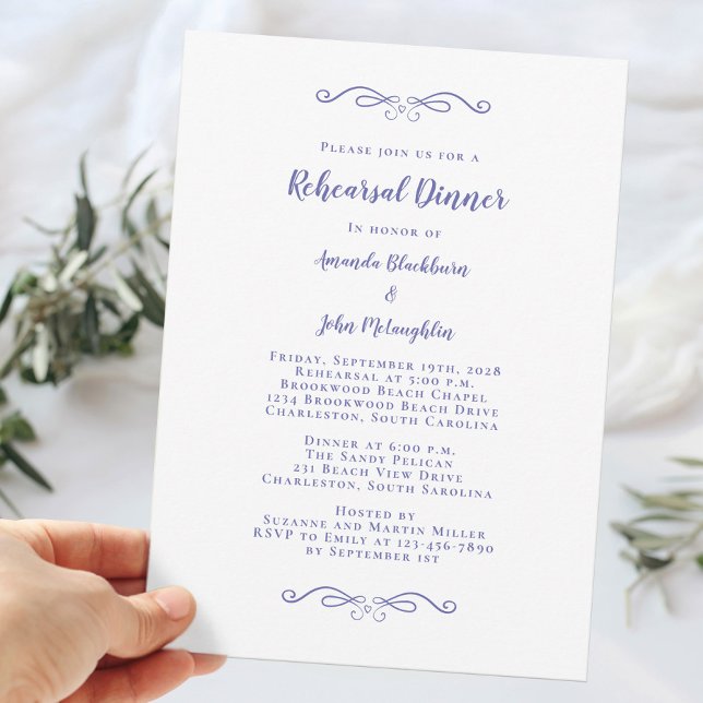 Convites Jantar de Rehearsal de Noivado Azul Periwinkle Ele (Elegant Periwinkle Blue Wedding Rehearsal Dinner Invitation)