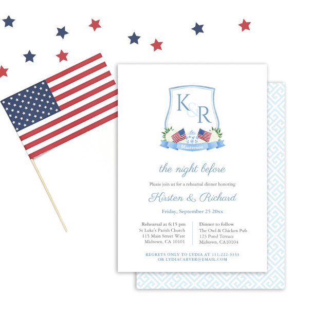 Convites Jantar de Rehearsal de Noivado com Crista de Hortê (Red White And Blue Watercolor Crest Wedding Rehearsal And Welcome Dinner Invitation)