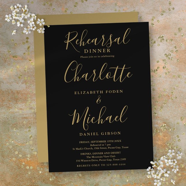 Convites Jantar de Rehearsal de Script de Assinatura Preto  (Black And Gold Signature Script Rehearsal Dinner Invitation)