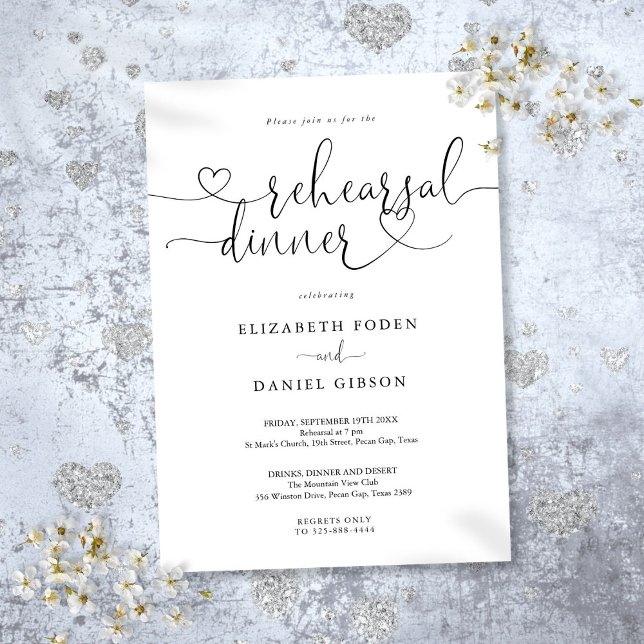 Convites Jantar de Rehearsal de Script Elegante Coração (Elegant Heart Script Rehearsal Dinner Invitation)