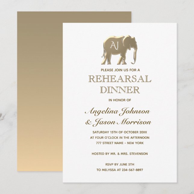 Convites Jantar de Rehearsal Dourado (Frente/Verso)