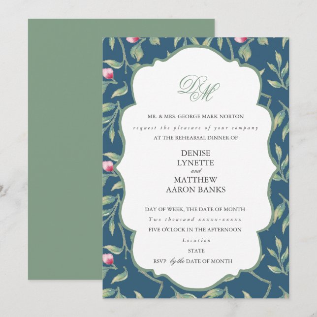 Convites Jantar de Rehearsal em Teal da Meia-Noite e Verde  (Frente/Verso)