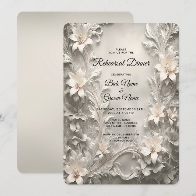 Convites Jantar de Rehearsal Floral Branco (Frente/Verso)