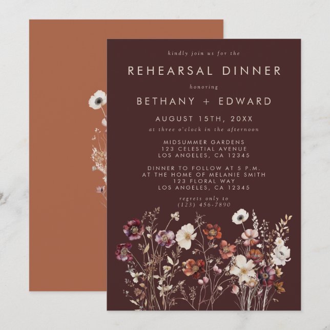Convites Jantar de Rehearsal Floral Marrom Outono Elegante (Frente/Verso)