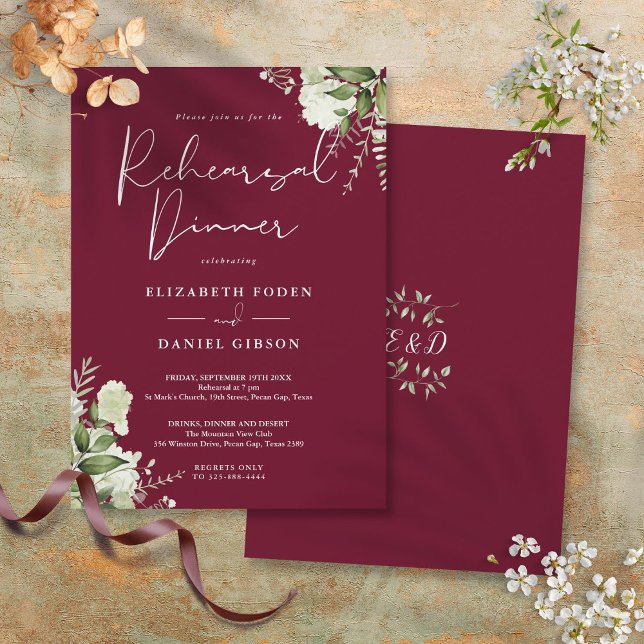 Convites Jantar de Rehearsal Floral Verde Burgundy (Greenery Floral Burgundy Rehearsal Dinner Invitation)
