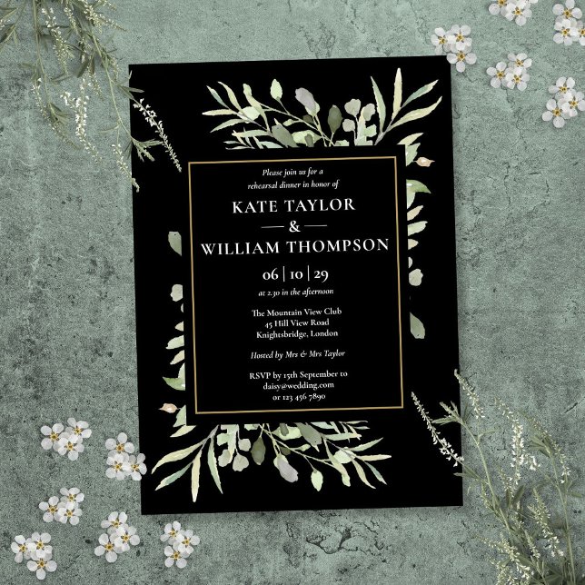 Convites Jantar de Rehearsal Folhagem Preto e Dourado (Black And Gold Greenery Rehearsal Dinner Invitation)