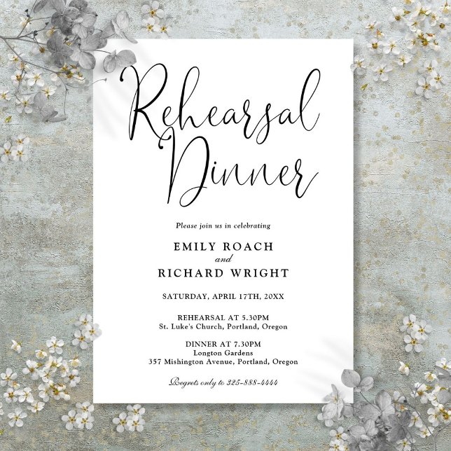 Convites Jantar de Rehearsal Preto e Branco de Letra Elegan (Elegant Script Black And White Rehearsal Dinner Invitation)
