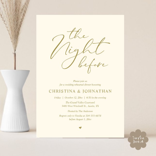 Convites Jantar de Rehearsal “The Night Before” em Ouro Ama (“The Night Before” Elegant Script Romantic Rehearsal Dinner Invitation Card Yellow Gold Cream)