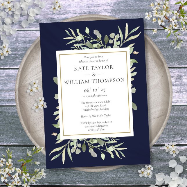 Convites Jantar de Rehearsal Verde Água Marinho Azul (Navy Blue Watercolor Greenery Rehearsal Dinner Invitation)
