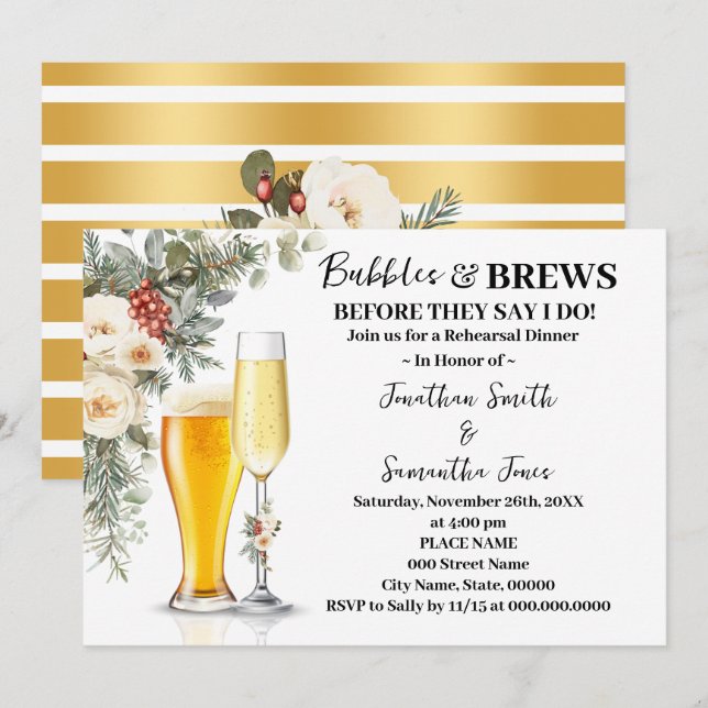 Convites Jantar de Rehearsal Winter Bubbles & Brews (Frente/Verso)