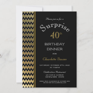 Convites Jantar de Surpresa de 40 Anos Black Gold Chevron