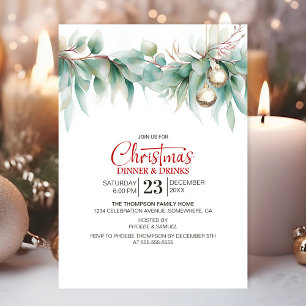 Convites Jantar e Bebidas de Natal com Verde de Aguarela