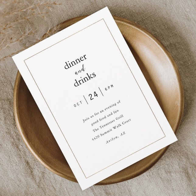 Convites Jantar e Negócios de Bebidas Elegantes Modernos (Elegant black and white dinner party invitation with simple gold frame and minimal typography.)