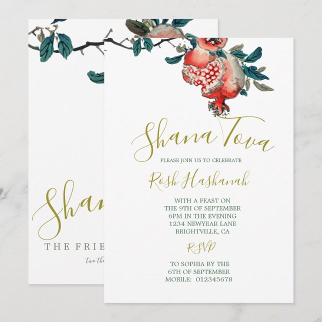 Convites Jantar Elegante de Ano Novo Rosh Hashanah Romã (Frente/Verso)