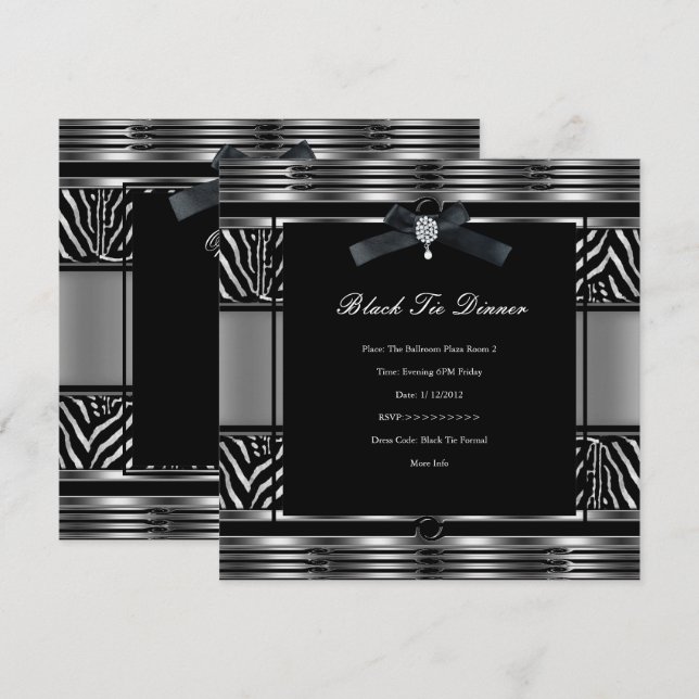 Convites Jantar Elegante de Gravata Preta Zebra Prata preto (Frente/Verso)