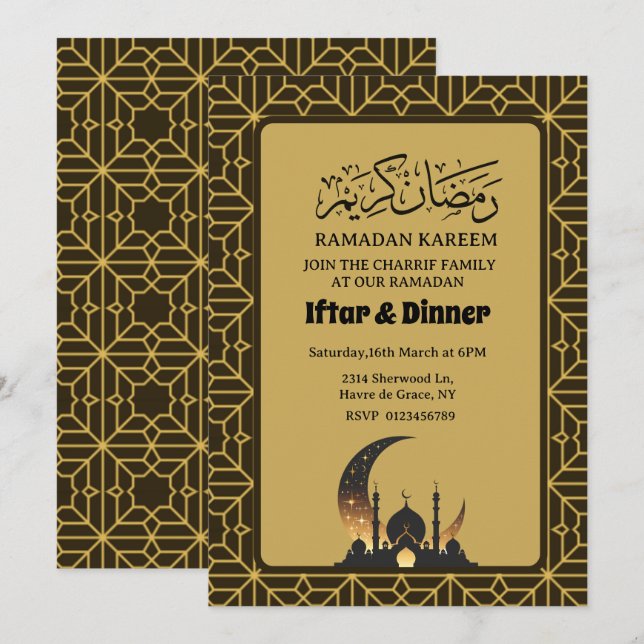 Convites Jantar Elegante de Iftar Ramadan 2025 1446 (Frente/Verso)