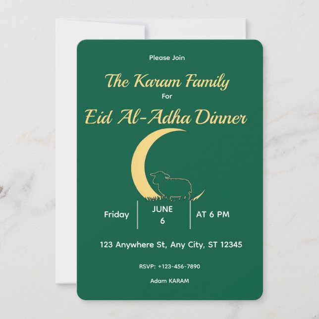 Convites Jantar Elegante Verde Dourado do Eid al-adha  (Frente)