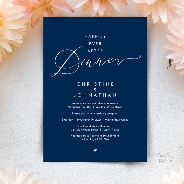 Convites Jantar Feliz Para Sempre Recepção de Casamento Mod (Happily Ever After Dinner Modern Wedding Reception Invitation Card Elopement PDF Navy Blue)