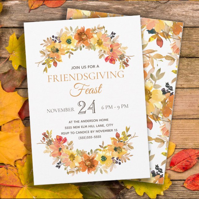 Convites Jantar Festa de Ação de Graças dos Amigos Rústico  (Friendsgiving Dinner invitation with pretty orange and yellow watercolor flowers)