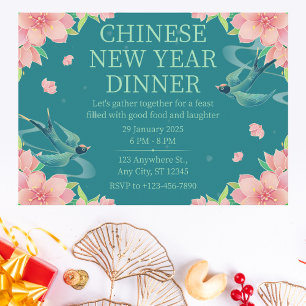 Convites Jantar Floral Teal do Ano Novo Chinês