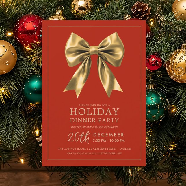Convites Jantar Formal de Festa de Natal em Ouro Cetim Laço (Formal Holiday Dinner Party Gold Satin Bow Red Invitation)