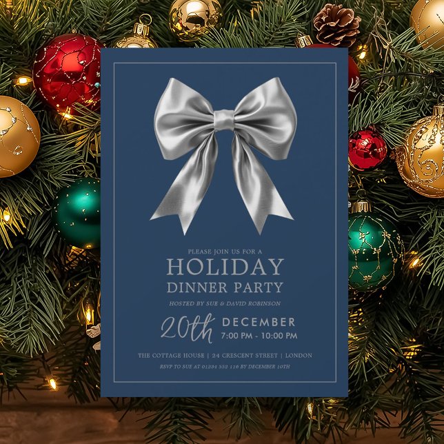 Convites Jantar Formal de Festa de Natal em Seda Prata Azul (Formal Holiday Dinner Party Silver Satin Bow Navy Invitation)