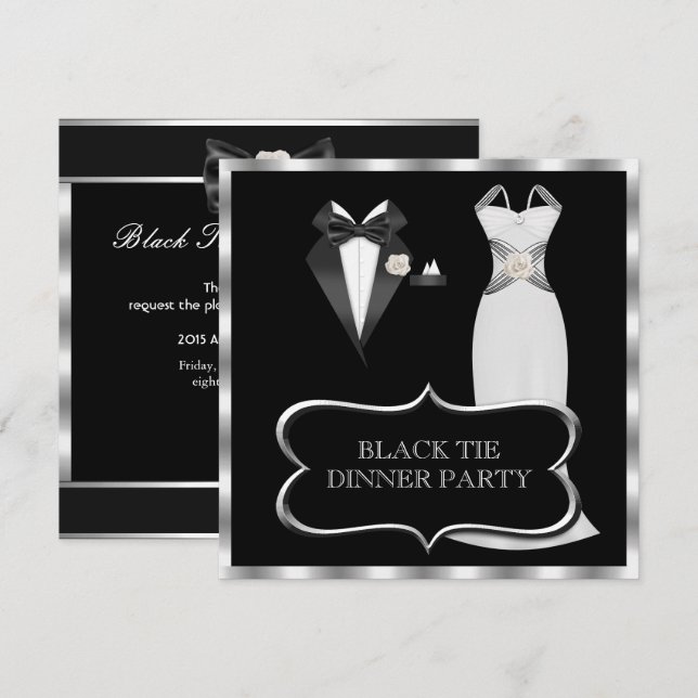 Convites Jantar Formal de Gala Preto e Branco (Frente/Verso)