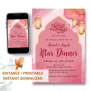 Convites Jantar Iftar com Arco de Aquarela Rosa e Dourado E