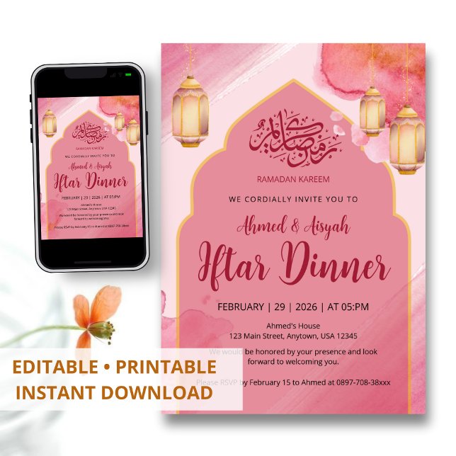 Convites Jantar Iftar com Arco de Aquarela Rosa e Dourado E (Criador carregado)