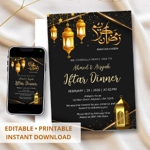 Convites Jantar Iftar com Lanterna Preta e Dourada de Luxo