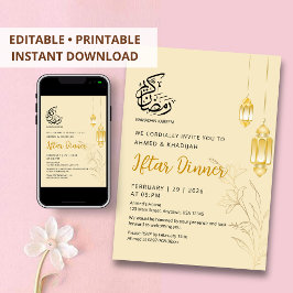 Convites Jantar Iftar com Lanternas Florais de Ouro de Luxo