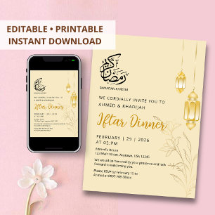 Convites Jantar Iftar com Lanternas Florais de Ouro de Luxo