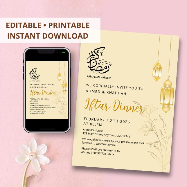 Convites Jantar Iftar com Lanternas Florais de Ouro de Luxo (Criador carregado)
