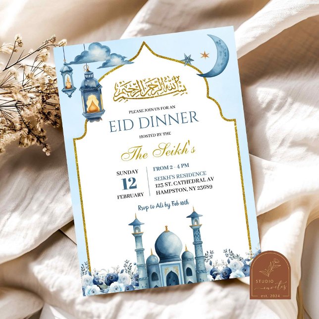 Convites Jantar Iftar do Ramadão Islâmico Floral Azul (Criador carregado)