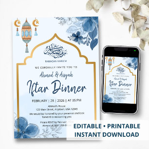 Convites Jantar Iftar Floral Aquarela Azul Ramadan