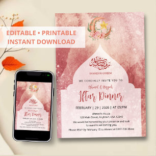 Convites Jantar Iftar Floral Lunar Elegante em Aquarela