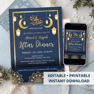 Convites Jantar Iftar Luxuoso Mandala Azul Marinho e Dourad