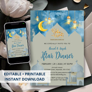 Convites Jantar Iftar Mesquita Aquarela Azul Temperamental