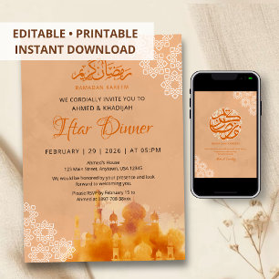 Convites Jantar Iftar Mesquita Pôr do Sol Laranja Aquarela