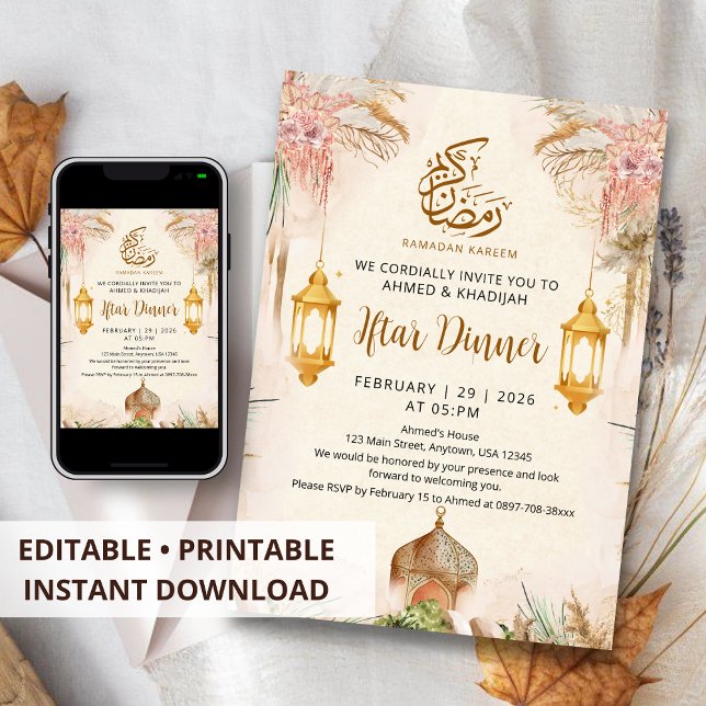 Convites Jantar Iftar Moderno Boho Pampas e Lanterna Dourad (Criador carregado)