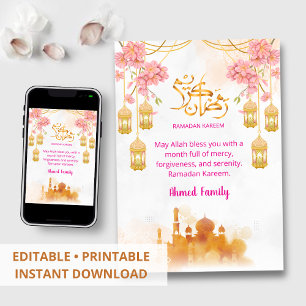Convites Jantar Iftar Rosa Floral Aquarela & Mesquita