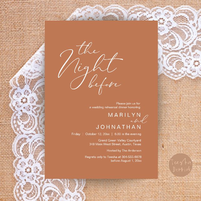 Convites Jantar Moderno de Ensaios de Casamento na Véspera (Modern The Night Before Wedding Rehearsal Dinner Invitation Card in Copper Brown)
