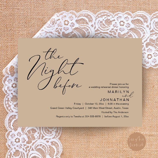 Convites Jantar Moderno de Véspera de Noivado (Modern Romantic The Night Before Wedding Rehearsal Dinner Invitation Card in Brown Tan)