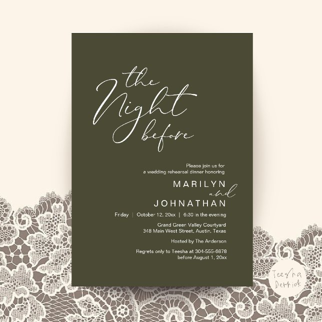 Convites Jantar Moderno de Véspera de Noivado (Modern The Night Before Wedding Rehearsal Dinner Invitation Card in Olive Green)