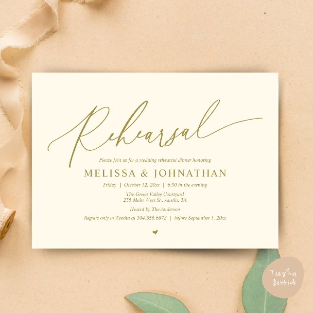 Convites Jantar Moderno Romântico Minimalista de Ensaio de  (Modern Romantic Intimate Wedding Rehearsal Dinner Invitation Card in Gold Yellow Cream)